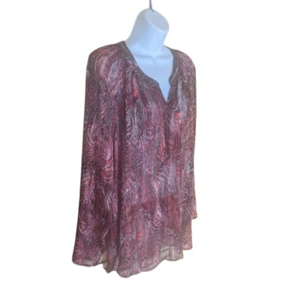 -Semi Sheer Long Sleeve Red Pink Printed Tunic Blouse Size Large - Picture 2 of 5